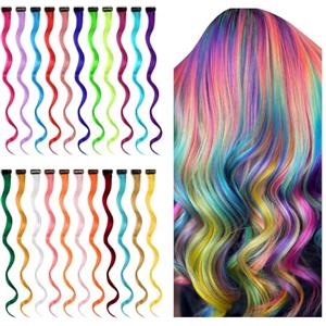 Aomig Extension Capelli Colorati, 22 Pz Extension Colorate Clip in Hair Extensions Curls in Diverso Colori, Extension Colorati Capelli Ciocche Capelli per Halloween Natale Cosplay Party