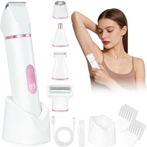 Vicloon Rasoio Elettrico Donna, Rasoio Elettrico 5-in-1 per il Corpo, impermeabile IPX7, Rasoio Parti Intime Kit per Viso Bikini, Ascelle, Gambe, Ricarica Rapida Type-C, Led Display(Bianco)