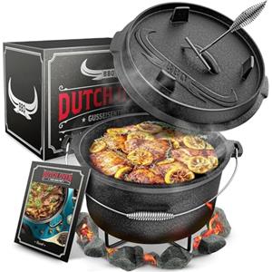 Amandi Taste of Fire [L'Originale] - Set Pentola Olandese in Ghisa da 7,4 Litri con Piedini & Coperchio da 1,8 Litri a Doppia Funzione Utilizzabile come Griglia (7,4 L incl. supporto per pentola)