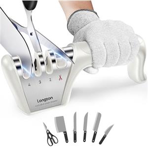longzon Affilacoltelli Professionale, 4 in 1 Affila Coltelli da Cucina con Due Guanti Antitaglio, Affilacoltelli Manuale per Coltelli Dritti, Forbici, Sicuro e Facile da Usare - Bianco