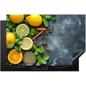 KitchenYeah© Protezione Piano Cottura Tappetino per Induzione 81x52 cm Cucina Proteggi Coprifornello Antiscivolo Frutta - Calcestruzzo - Piante - Limone - Cannella