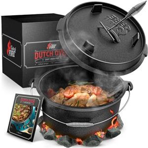 Amandi Taste of Fire [L'Originale] - Set Pentola Olandese in Ghisa da 7,4 Litri con Piedini & Coperchio da 1,8 Litri a Doppia Funzione Utilizzabile come Griglia - Include Solleva Coperchio
