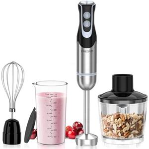 Fresko Frullatore a Immersione 4-in-1, 1000W Mini Frullatore a Mano in Acciaio Inossidabile 304, con 12 Velocità e Modalità Turbo, Antispruzzo Design, Include Misurino, Tritatutto e Frusta (HB3302)
