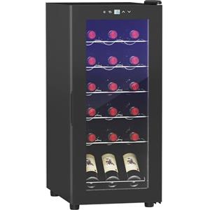 HOMCOM Cantinetta Vino Refrigerata per 18 Bottiglie, Cantina Frigo Vino Anti-UV a Zona Singola con Temperatura Controllata 5-18°, Display Touch, Luci LED, Ripiani Regolabili, Porta Vetro, 34.5x45x78cm