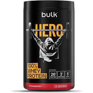 Bulk Hero Whey Protein Powder | Strawberry | 13 Servings | 26g Protein + 3g Creatine | 5g BCAAs | Low Sugar | Fast Absorption | Isolate, Hydrolysed & Concentrate Blend