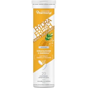 Vitarmonyl Hydrafresh Compresse Effervescenti Idratazione - Elettroliti, Magnesio, Calcio, Vitamine C e B - Integratore Energetico Senza Zuccheri Gusto Ananas - 20 pz - Vitarmonyl
