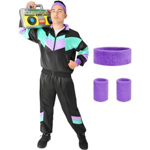 Aomig Costume Tuta Anni '80, Adulto Tuta Sportiva Retro, Unisex Tuta da Jogging '80 e '90, Sportiva Set di Costume da Discoteca, '90 Anni Costume per Feste di Carnevale Halloween(XL, Nero e Verde)