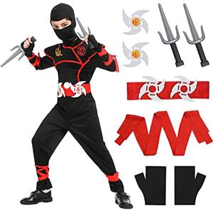 AOMIG Vestito Ninja, Costume da Ninja per Bambini con Accessori Ninja in Plastica e Schiuma, Ninja Muscolo Costume per Festa, Halloween, Cosplay, Carnevale(XL)