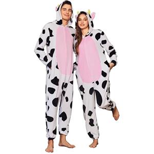 Ekouaer Tuta Intera con Cerniera e Cappuccio, Divertente Pigiama in Pile per Carnevale, Halloween, Cosplay (Uomo, Donna, Unisex), Mucca, M
