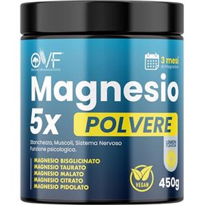 PARAFARMACIA, ORGANIC VITAMINS & FOOD Magnesio Completo Polvere 450g Magnesio Complex 5 in 1 Alto Dosaggio e Biodisponibilità con Bisglicinato Citrato Malato Taurato Pidolato Gusto Limone Vegan Senza Nichel Zucchero Soia Glutine Lattosio