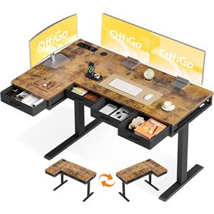 OffiGo Scrivania Regolabile in Altezza, 140x80 cm Scrivania Angolare con 4 Cassetti, Elettrica Scrivanie ad Angolo con Presa, Grande Standing Desk a L per Ufficio e Studio, Computer Desk Marrone