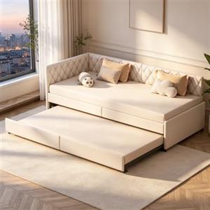 BRILVERDE Divano angolare 90 x 200 cm, divano letto allungabile, divano pieghevole con rete a doghe, divano letto con funzione sonno, divano letto allungabile, letto per gli ospiti, tessuto in velluto, beige