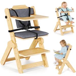 Mechprip Seggiolone Pappa Legno, 2 in 1 Seggiolone Evolutivo, Sedia Ergonomica con Cintura a 5 Punti e Spartigambe Regolabili, Facile da Pulire, Natural Wood + Cuscino per Bambini 6+ Mesi