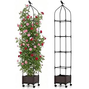 HOMASIS Fioriera con Grigliato con Decorazione di Uccelli, Supporto per Arrampicanti con Ruote, Fioriera con Spalliera, Obelisco da Giardino con Serbatoio d'Acqua da Balcone, Nero (Modello 4)