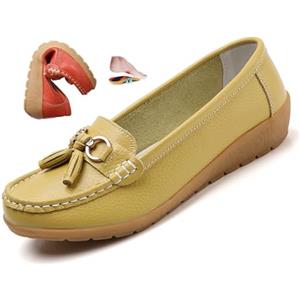 ZPLMIDE Mocassini ortopedici da donna in pelle traspirante, vestibilità larga, mocassini classici con zeppa tacco casual slip-on scarpe da trekking