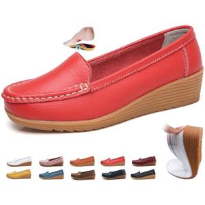 ZPLMIDE Mocassini da donna in pelle, ortopedici con zeppa, mocassini classici senza lacci, scarpe da barca da passeggio, casual, per guida, ufficio, infermieristica, Rosso, 43 EU