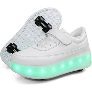 FANSU Scarpe con Rotelle e Luci LED per Bambina Bambino Taglia 30-40, 2 in 1 Sportive Scarpe da Skateboard a 4 Ruote a Scomparsa Sneakers da Ginnastica da Pattini (36,686 Bianco)