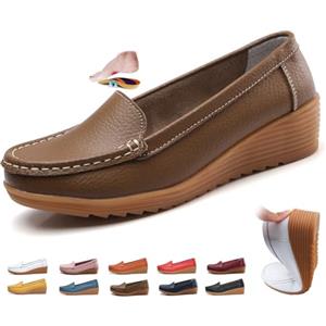 ZPLMIDE Mocassini da donna in pelle, ortopedici con zeppa, mocassini classici senza lacci, scarpe da barca da passeggio, casual, per guida, ufficio, infermieristica