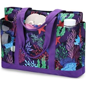VASCHY Borsa Mare Grande,Borsa Spiaggia Donna Impermeabile Borse Tela Mare con Tasche Multifunzione Piegevole Viaggio Estiva Corallo Viola