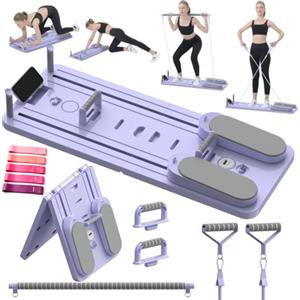 SOFTHOM Pilates Reformer Pieghevole, 8 in 1 Multifunzione Tavola da Pilates, Mini Pilates Reformer Board, Allenamento Completo con Rimbalzo Automatico/Barra da Pilate/Corda Elastica/Timer (Viola)