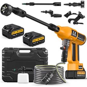 Dibaful Idropulitrice Potente Rondella ad alta pressione a batteria 200 bar portatile con 2 batterie da 4000 mAh pistola senza fili flusso d'acqua regolabile 6 in 1 ugello regolabile 5m tubo
