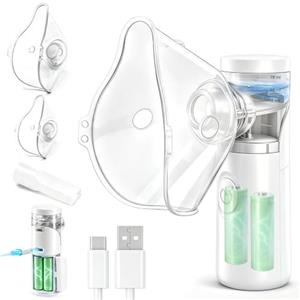 AOOZTO Aerosol Portatile Silenzioso,per Adulti e Bambini,Atomizzazione ad alta efficienza,Macchina Aerosol Ricaricabile,Kit con 2 Maschere e 1 Boccaglio,Adatto per viaggi e famiglia (Bianco Beige)