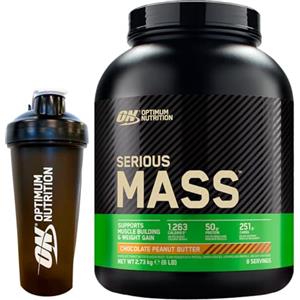 Optimum Nutrition Serious Mass Gainer Proteine Whey in Polvere per la Massa Muscolare con Vitamine Creatina Glutammina Gusto Cioccolato Burro di Arachidi 2,73kg 8 Porzioni + Shaker