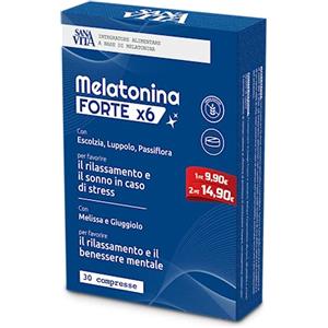 Paladin Pharma Sanavita Melatonina Forte x6 30 Compresse - Integratore con Melatonina 1 mg, Escolzia, Luppolo, Passiflora, Melissa e Giuggiolo - Supporto al Sonno e Rilassamento - Con Vitamina B6 - Senza Glutine