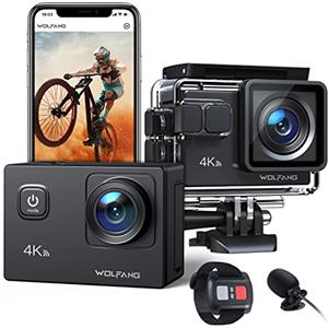 WOLFANG Action Cam GA100 4K 30FPS, 20MP Grandangolo 170° Fotocamera per Casco, Subacquea 40M Impermeabile Videocamera, EIS,Telecomando2.4G, Mic Esterno,2x1050mAh Batterie