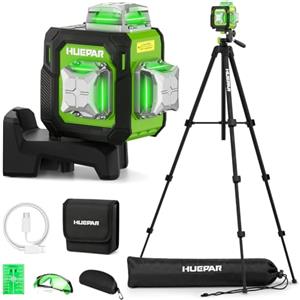 Huepar Livella Laser Verde 3D 3x360° Autolivellante, Precisione ±3mm, 40m(70m con Ricevitore), Compatta Livello Laser con 152cm Treppiede, Ideale per Lavori in Spazi Stretti, Controsoffitti, USB-C