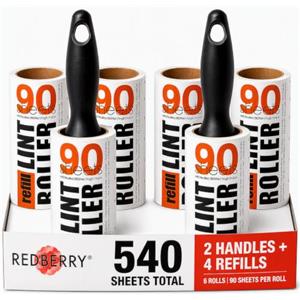 Redberry Set di 2 manici e 6 rotoli levapelucchi da 90 fogli, rimuove peli di animali domestici, lanugine e polvere da vestiti, tappezzeria e moquette (81 m, 540 fogli totali)