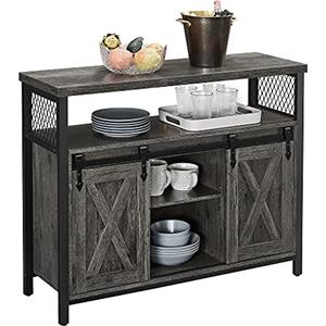 VASAGLE Credenza, Mobile da Cucina, Armadietto Organizzatore, con 2 Ante Scorrevoli, 33 x 100 x 80 cm, Ripiani Regolabili, Stile Country, per Soggiorno, Grigio Pietra e Nero Inchiostro LSC092B04