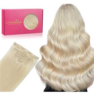 WENNALIFE Extension Capelli Veri Clip, 38cm 70g 7Pezzi Biondo Candido Extension Clip Capelli Veri Lisci Umani Extension Con Clip Naturali Extension Capelli Veri