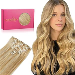 WENNALIFE, Extension a clip di capelli veri, remy, vergini, doppia ciocca, corti, 70 g, 55,9 cm, mix di biondo caramello e biondo ossigenato, da donna