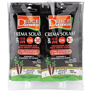 Delice Solaire Crema Solare Mini Size, Protezione Alta SPF30+, con Attivatore d'Abbronzatura Carota Nera, Resistente all'Acqua, Dermatologicamente Testato - 6 Bustine x 50ML