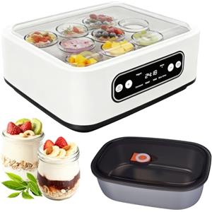 Turmegtt Yogurtiera, con 9 vasetti di vetro 100 ml, macchina per yogurt fatta in casa con temperatura e tempo regolabile 1,6L yogurt per yogurt fatti in casa, dolci fatti in casa, vino di riso e