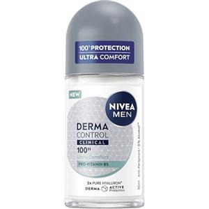 NIVEA MEN Deodorante Roll on Derma Control Clinical Ultra Comfort 50 ml, Deodorante uomo antitraspirante per una protezione 100h, 2x Acido Ialuronico e Pro-Vitamina B5, Senza alcool, Profumo fresco