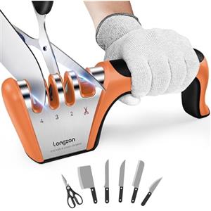 longzon Affilacoltelli Professionale, 4 in 1 Affila Coltelli da Cucina con Due Guanti Antitaglio, Affilacoltelli Manuale per Coltelli Dritti, Forbici, Sicuro e Facile da Usare - Arancione