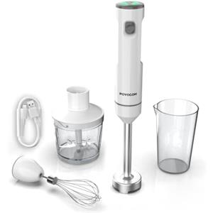 POYOCOM Frullatore a immersione senza fili, POYOCOM minipimer ricaricabile, con cavo Type-C, frusta, tritatutto da 500 ml, contenitore da 600 ml per frullati, salse, pappe e zuppe - Bianco