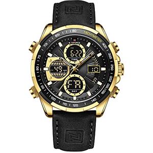 NAVIFORCE Orologio da polso da uomo, digitale, analogico, al quarzo, impermeabile, sportivo, multifunzione, in pelle, Oro e nero., Moda