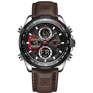 NAVIFORCE Orologio da polso da uomo, digitale, analogico, al quarzo, impermeabile, sportivo, multifunzione, in pelle, argento e nero., Moda