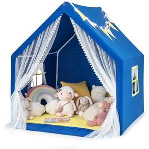 COSTWAY Tenda da Gioco per Bambini, Casetta per Bambini con Tappeto in Cotone Lavabile Luci Stellari e Finestre, Tenda del Castello, 122x105x125 cm (Blu)
