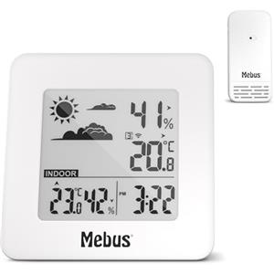 Mebus Stazione meteo radiocontrollata con sensore esterno, termometro/igrometro (interno/esterno), indicatore di benessere, clima ambiente, sveglia, bianco, 40913