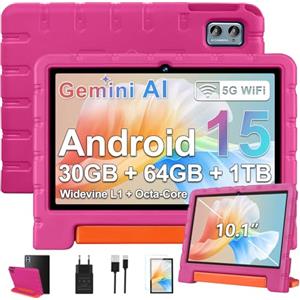 ZIOVO Tablet bambini Android 15 Tablet 10 pollici, 30 GB RAM + 64 GB ROM (TF 2 TB) Gemini AI, 5 G WiFi/Octa-Core/Widevine L1/Face ID/Controllo genitore/6000 mAh/BT 5.0, Tablet con custodia EVA - Rosa