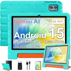 ZIOVO Tablet bambini Android 15 Tablet 10 pollici, 30 GB RAM + 64 GB ROM (TF 2 TB) Gemini AI, 5 G WiFi/Octa-Core/Widevine L1/Face ID/Controllo genitore/6000 mAh/BT 5.0, Tablet con custodia EVA - Verde