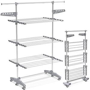 VOUNOT® Stendino Verticale in Acciaio Inox, Stendibiancheria Pieghevole con 3 Ripiani Regolabili e 6 Ruote, Grigio