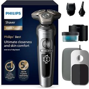 Philips Rasoio Elettrico Serie 9000 Prestige, secco e umido, cromo brillante, rasatura Lift & Cut, tecnologia SkinIQ, regolabarba, rifinitore per il naso, base di ricarica Qi, modello SP9885/35