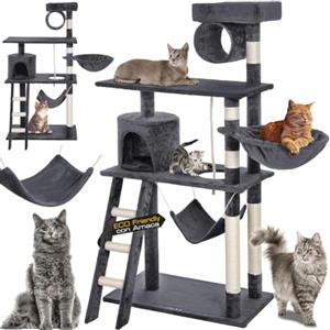 Bakaji Albero Tiragraffi per Gatti in Sisal e Peluche Parco Giochi Gatto con Cuccia Sospesa Nascondigli Pali Graffiatoio e Piattaforme Dimensioni 142 x 74,5 x 40 cm (Grigio)