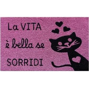 Baroni Home Zerbino Ingresso Casa in Fibra di Cocco Dipinto a Mano, Tappeto da Esterno con Fondo Antiscivolo, Zerbino Rosa Resistente e Facile da Pulire, 60x38 cm, Gatto nero con cuori nero