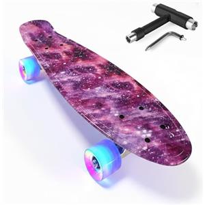Baroni Toys Skateboard per Bambini dai 3 Anni, Skate Completo con Ruote LED Luminose Senza Batterie, Strumento T-Tool per Regolazione Intergato, 56x14,5x12 cm (Rosa)